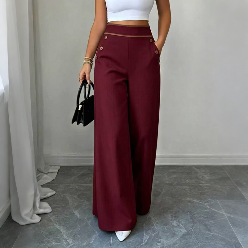 Incontournable🔥👖 Pantalon à jambes larges avec bordures contrastées – Coupe drapée élégante et taille haute flatteuse