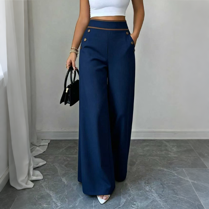 Incontournable🔥👖 Pantalon à jambes larges avec bordures contrastées – Coupe drapée élégante et taille haute flatteuse