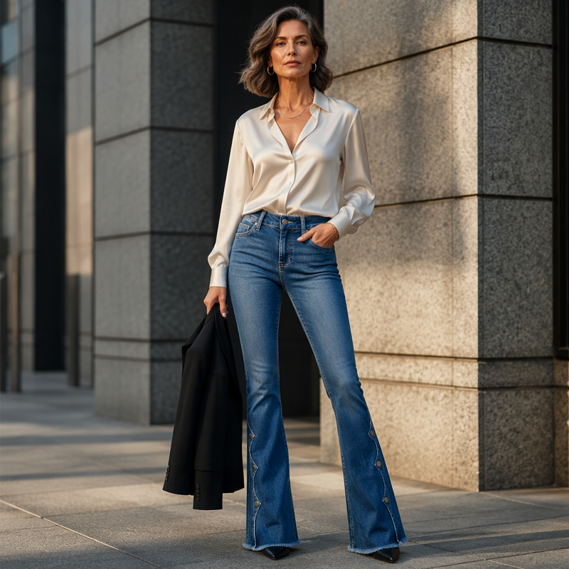 ⏰ Dernier jour des soldes – 50 % de réduction 💃 Jean flare taille haute effet usé pour femme
