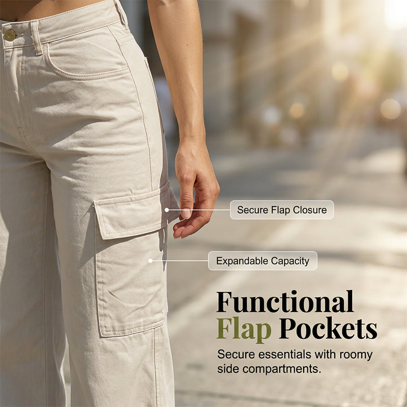 Pantalon cargo pour femme taille haute à jambes larges avec poches utilitaires