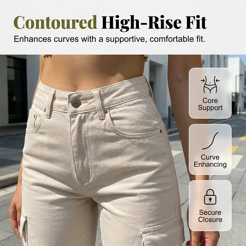Pantalon cargo pour femme taille haute à jambes larges avec poches utilitaires