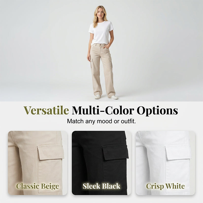 Pantalon cargo pour femme taille haute à jambes larges avec poches utilitaires