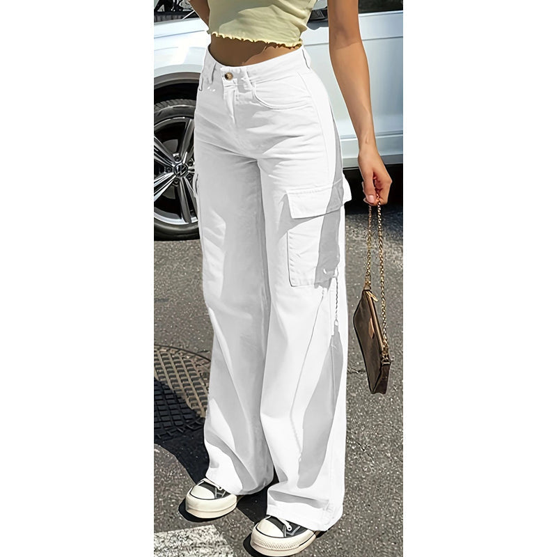 Pantalon cargo pour femme taille haute à jambes larges avec poches utilitaires
