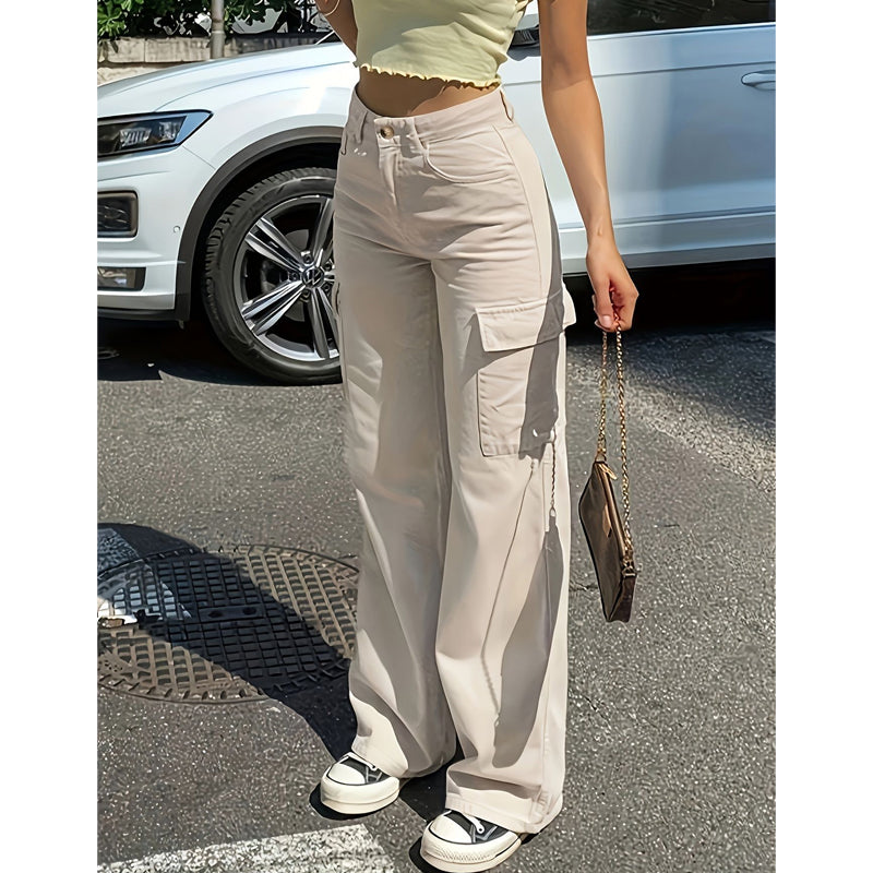 Pantalon cargo pour femme taille haute à jambes larges avec poches utilitaires
