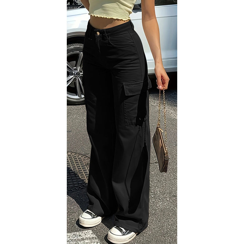 Pantalon cargo pour femme taille haute à jambes larges avec poches utilitaires
