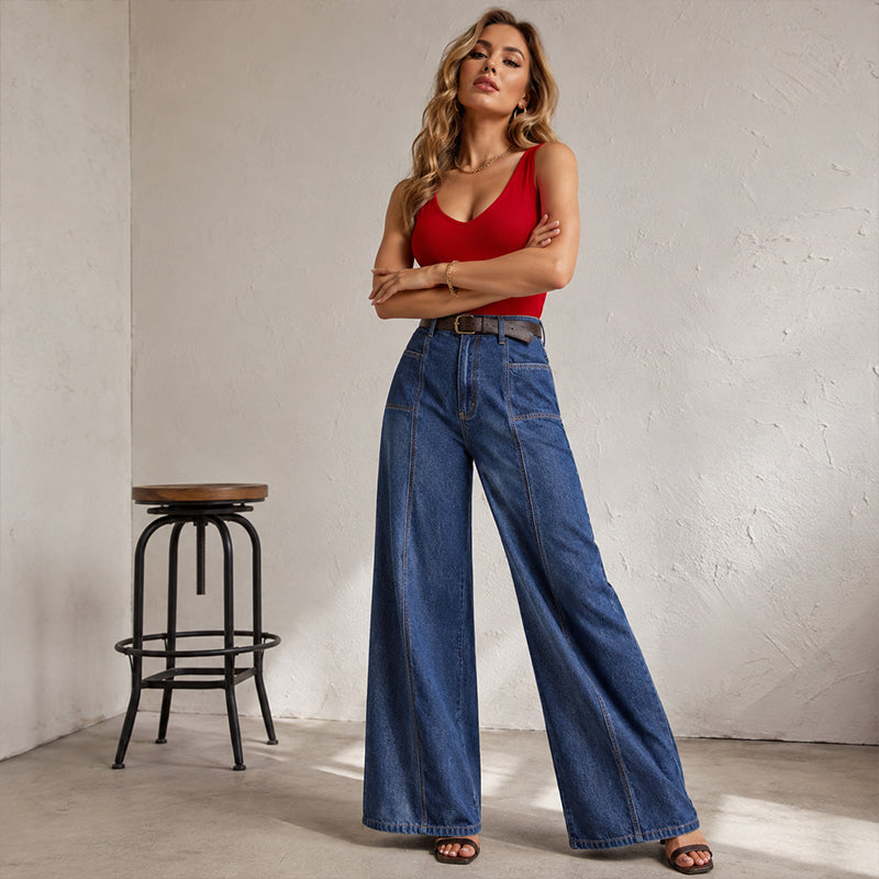 Jean décontracté pour femme, taille haute et jambes larges