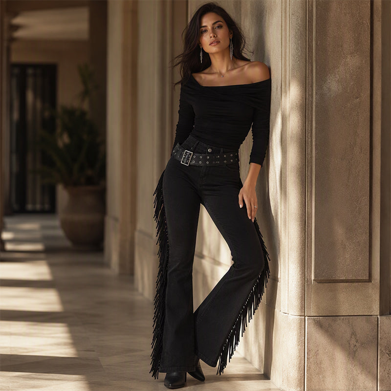 Jean flare taille haute pour femme avec franges latérales tendance