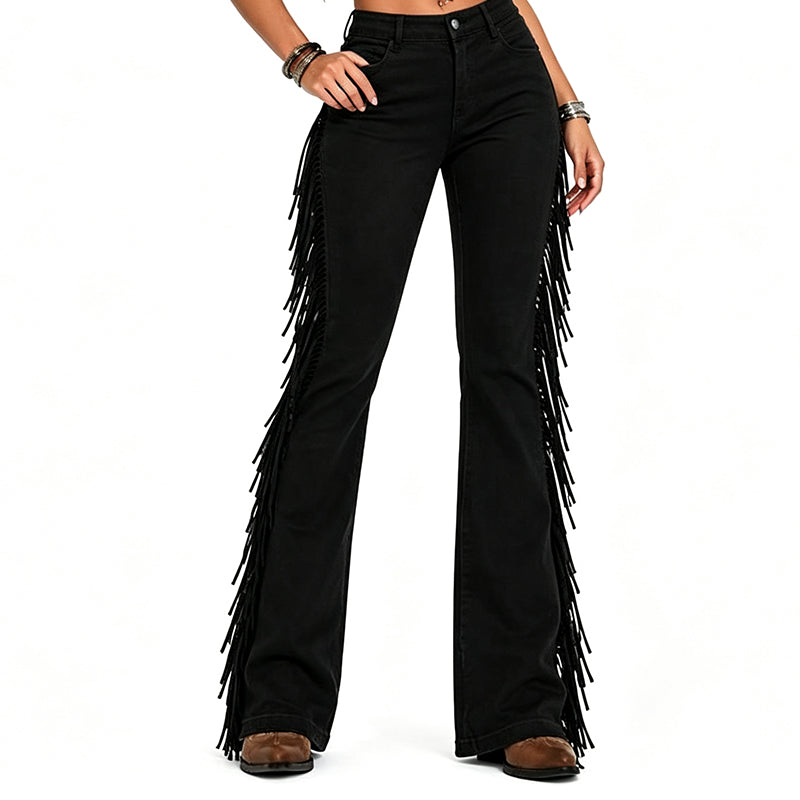Jean flare taille haute pour femme avec franges latérales tendance