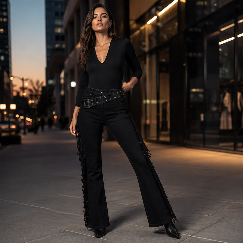 Jean flare taille haute pour femme avec franges latérales tendance