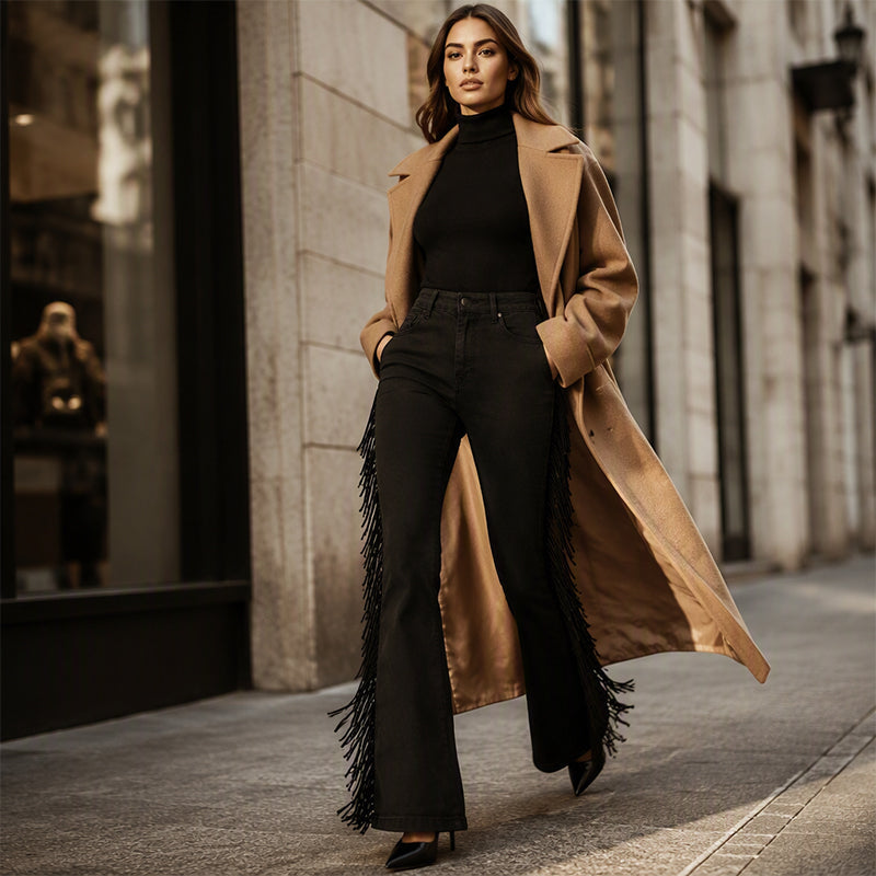 Jean flare taille haute pour femme avec franges latérales tendance