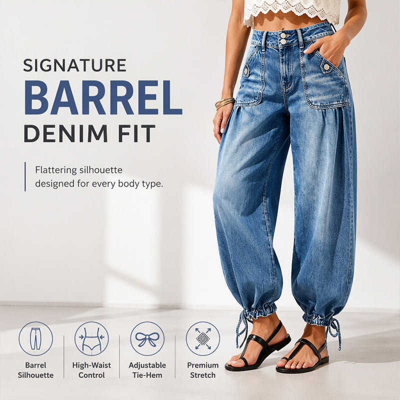 Jean femme stretch taille haute coupe barrel