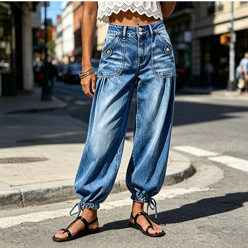 Jean femme stretch taille haute coupe barrel