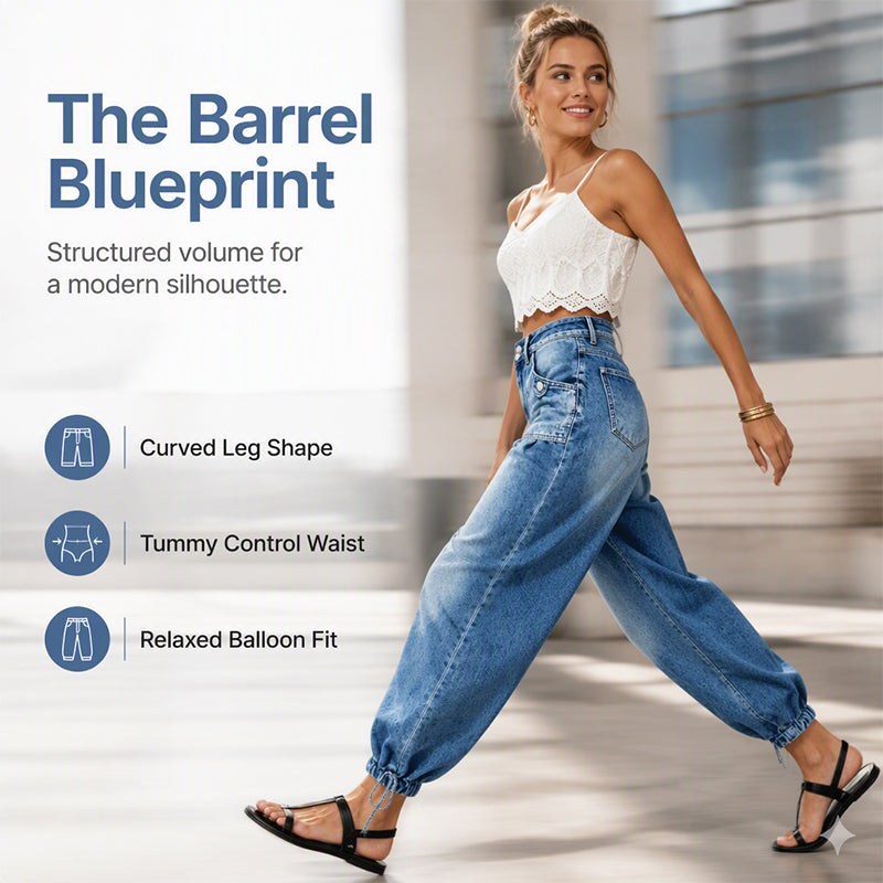 Jean femme stretch taille haute coupe barrel
