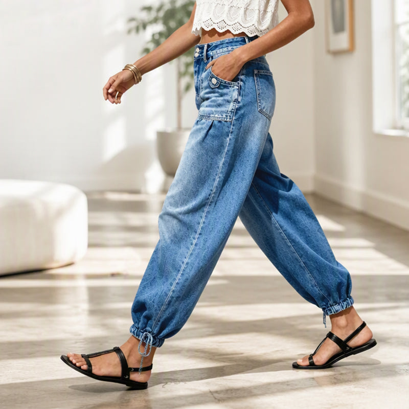 Jean femme stretch taille haute coupe barrel