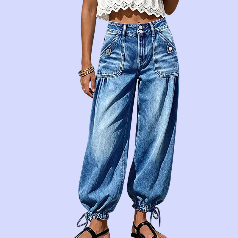 Jean femme stretch taille haute coupe barrel
