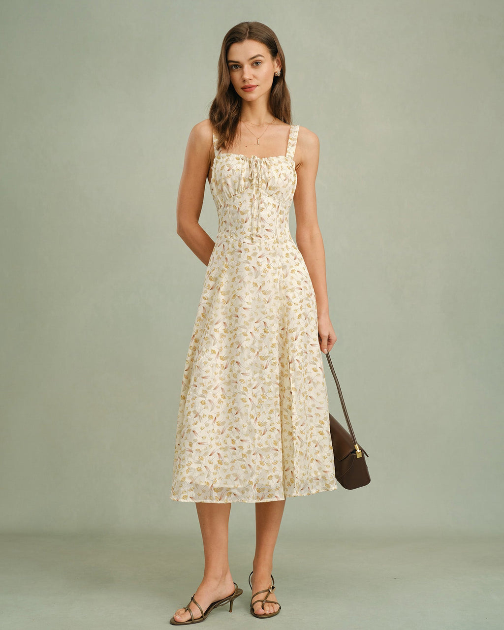 Robe midi nuisette fleurie couleur abricot avec fermeture éclair
