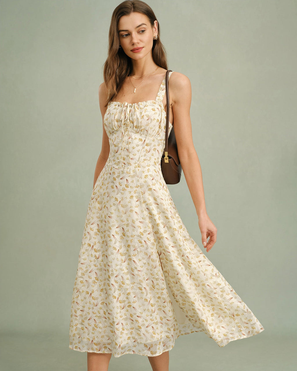 Robe midi nuisette fleurie couleur abricot avec fermeture éclair