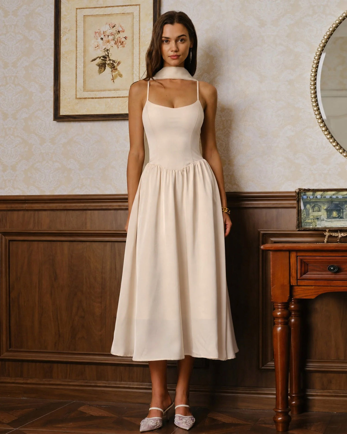 Robe midi fluide en mousseline de couleur abricot