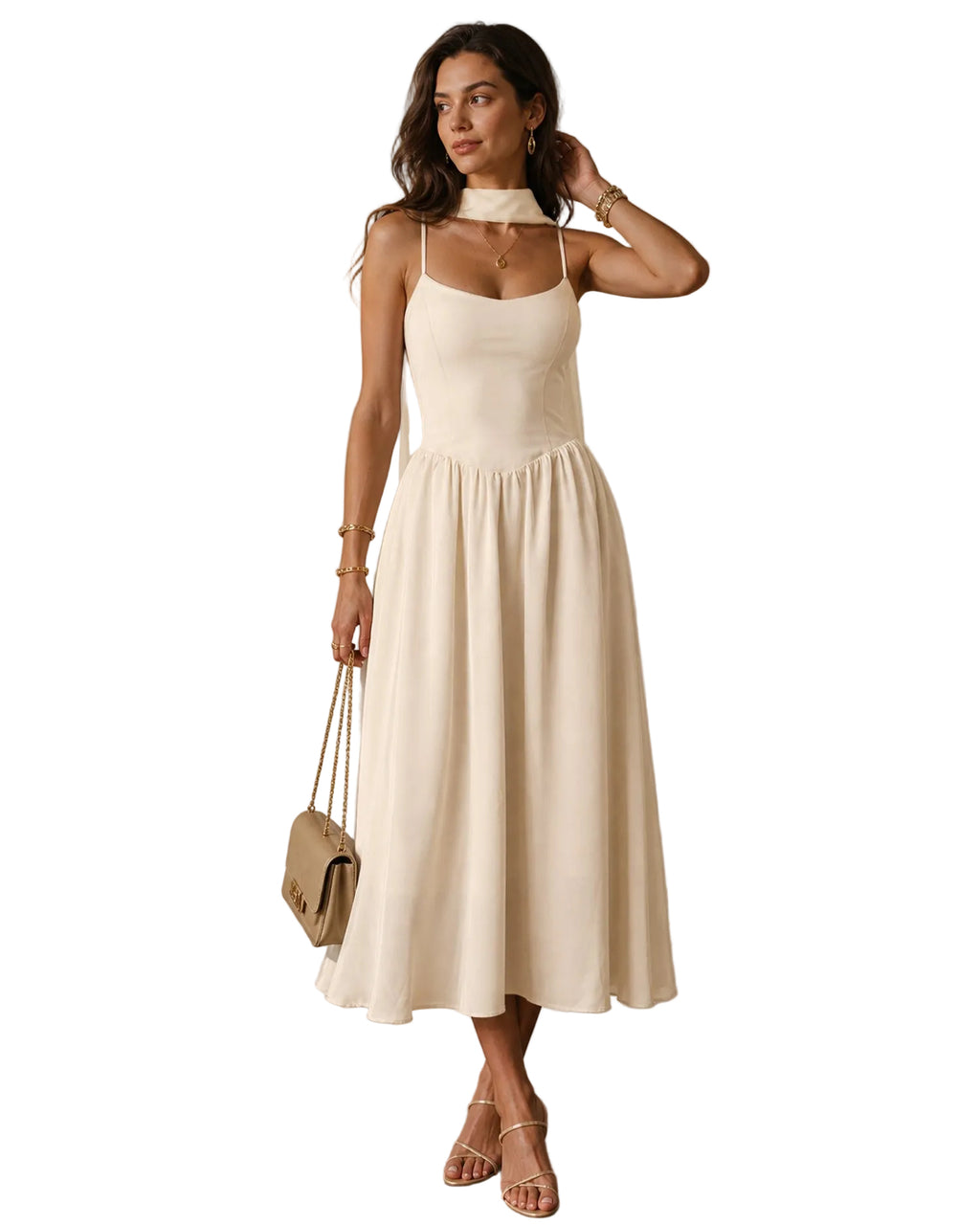 Robe midi fluide en mousseline de couleur abricot