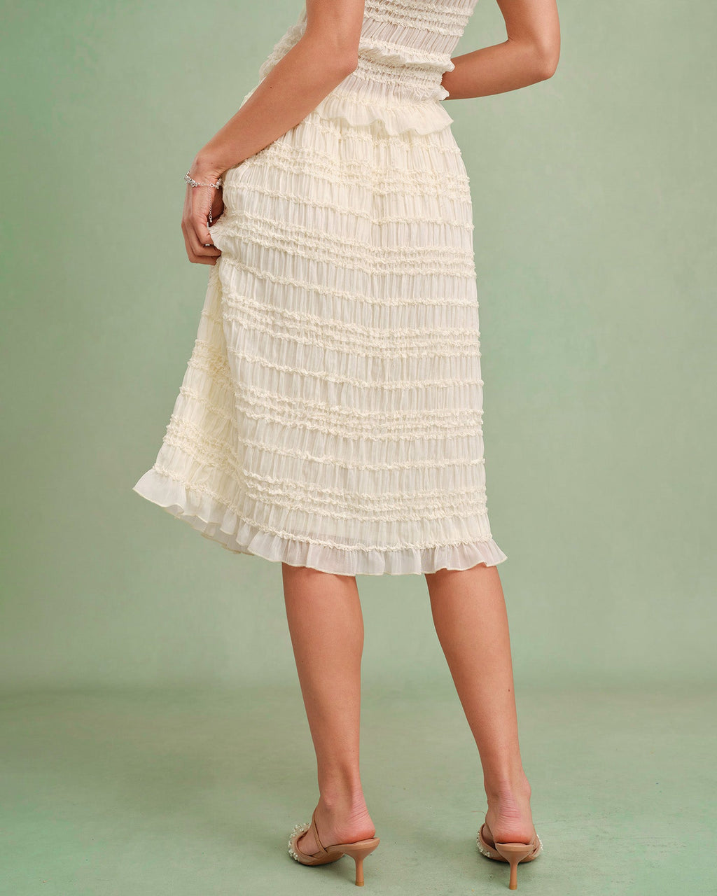 Jupe midi couleur abricot à taille élastique et froncée
