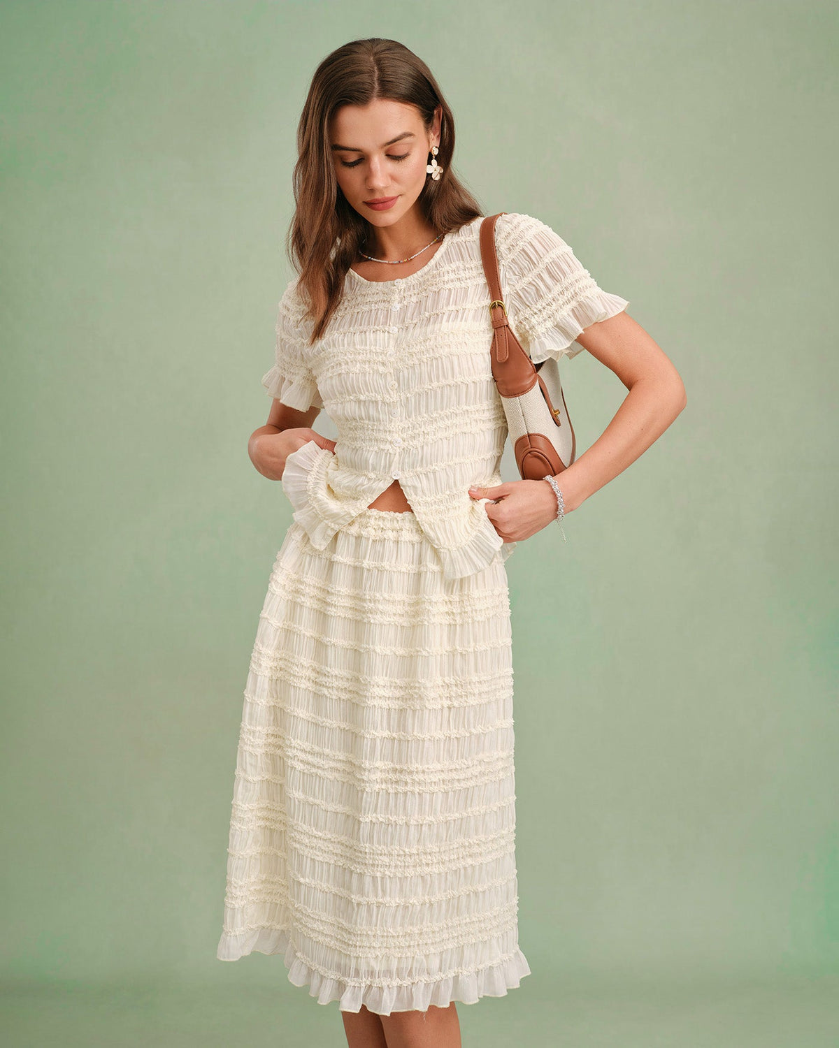 Jupe midi couleur abricot à taille élastique et froncée