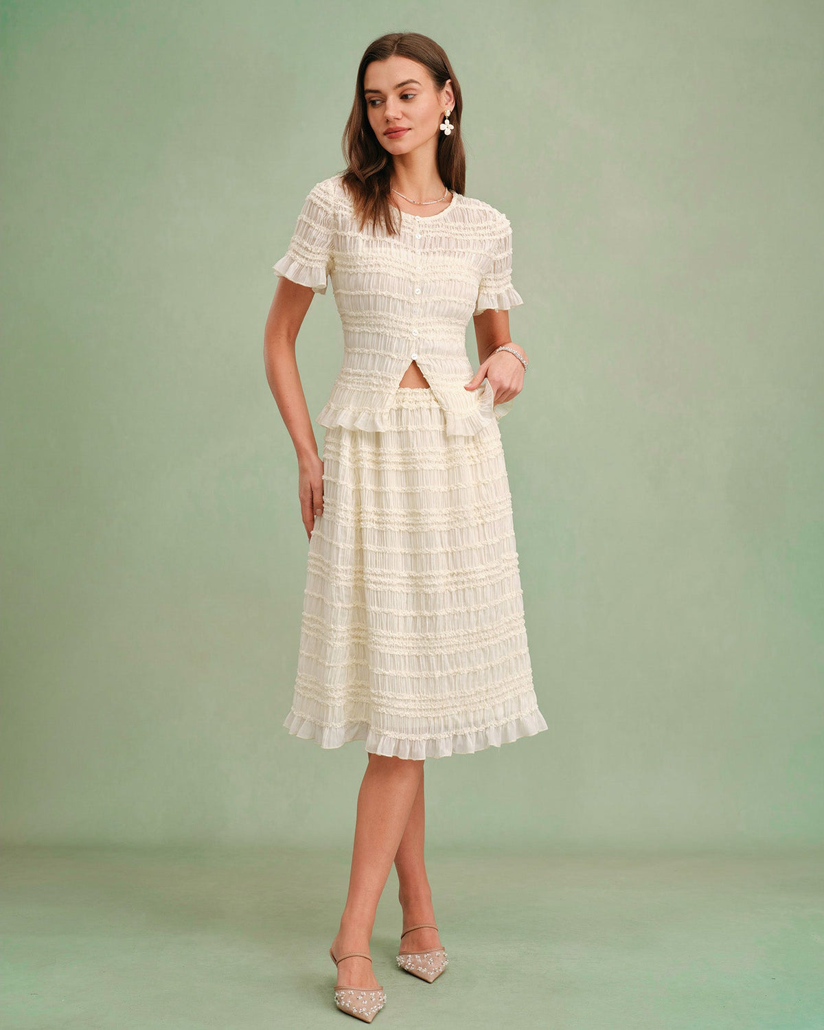 Jupe midi couleur abricot à taille élastique et froncée