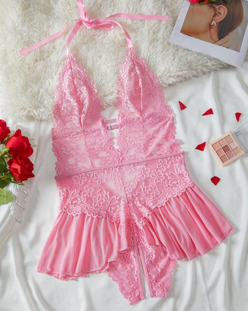 Pyjama sexy en dentelle de couleur unie pour femme